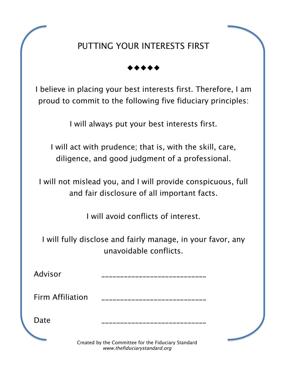 Fiduciary oath stating putting your interests first